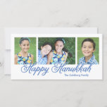 3-Photo Blue Script Happy Hanukkah Photocard Holiday Card<br><div class="desc">This stylish and modern multi-photo Hanukkah card features pretty modern script in blue.</div>