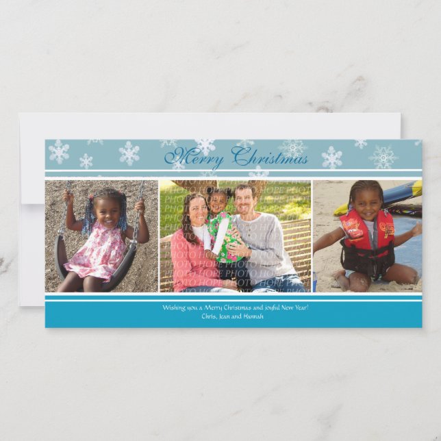 3 Photo Blue Snowflake Christmas Card (Front)