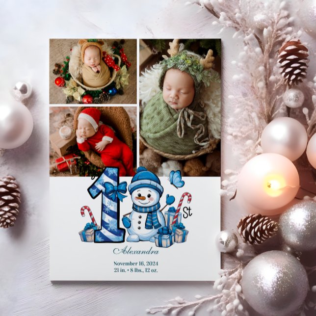 3 Photo Blue Snowman First Christmas Holiday Card (Creator Uploaded)
