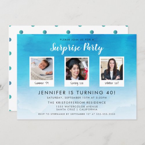 3 Photo Blue Watercolor Stylish Surprise Party Invitation