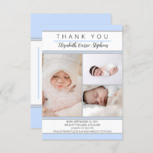 3 Photo Blue White Baby Shower Birth Announcemen Thank You Card