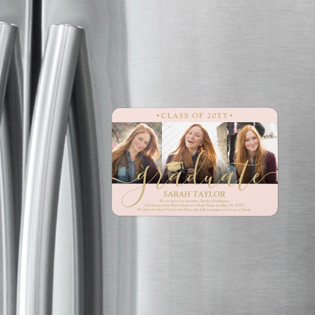 3 Photo Blush Pink & Gold Graduation Announcement Magnet (Creator Uploaded)