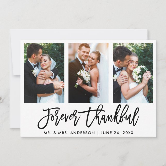 3 Photo Brush Script Forever Thankful Wedding Thank You Card (Front)