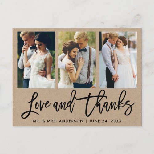 3 Photo Brush Script Wedding Love Thanks Kraft Postcard