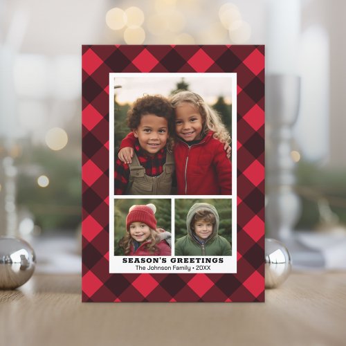 3 Photo Buffalo plaid Rustic Red Black Instant Holiday Card