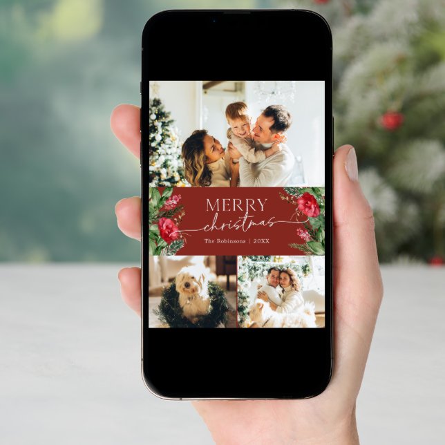 3 Photo Burgundy Red Elegant Merry Christmas Holiday Card (Front Digital)