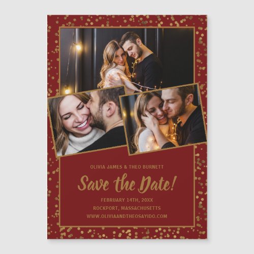 3 Photo Burgundy Red Gold Save The Date Magnetic Invitation