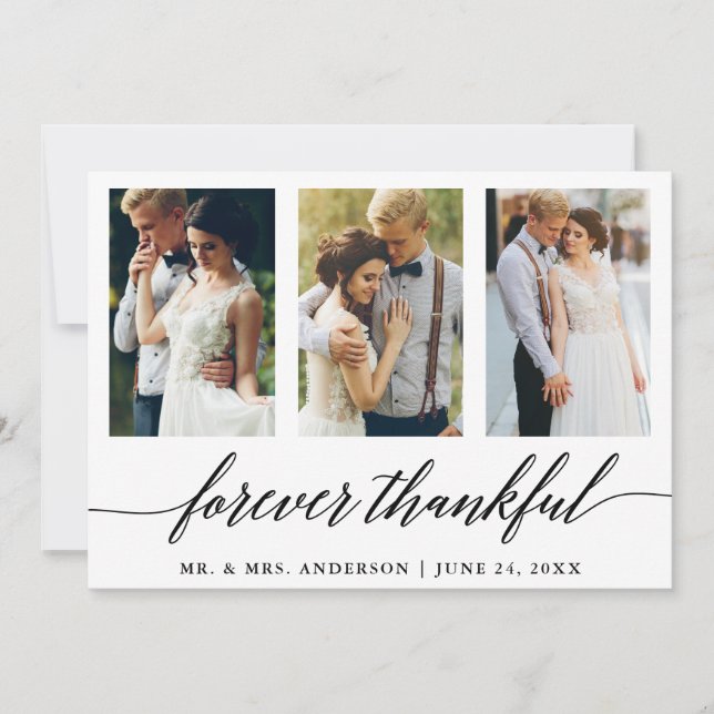 3 Photo Calligraphy Forever Thankful Wedding Thank You Card (Front)