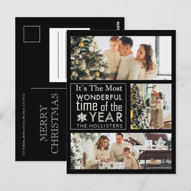 3 Photo Chalkboard Calligraphy Holiday Christmas  Postcard (Front/Back)