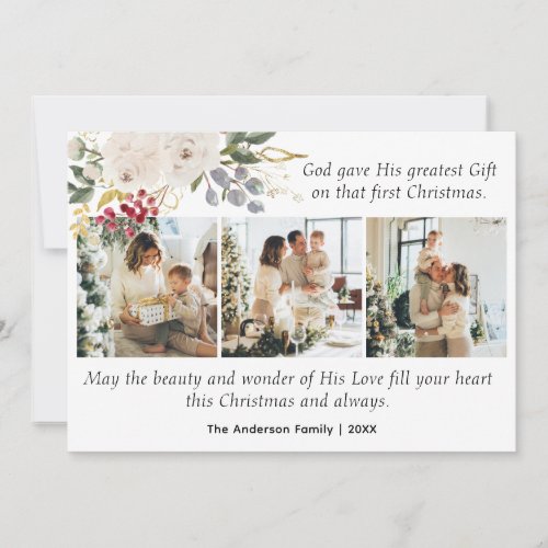 3 Photo Christian Bible Verse Floral Christmas Holiday Card