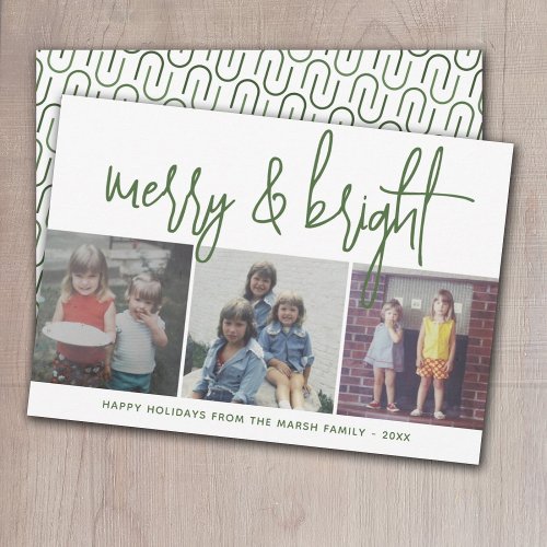 3 Photo Christmas Collage _ Merry  Bright _ green Holiday Card