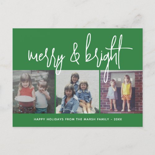 3 Photo Christmas Collage _ Merry  Bright green _ Holiday Postcard