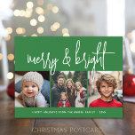 3 Photo Christmas Collage - Merry & Bright green - Holiday Postcard<br><div class="desc">FRONT DESIGN: 3 square photos and a large script font are highlights of this trendy design. A modern look for a holiday photo card with a large "merry and bright" in a funky, handwritten script font in green and white. For advanced users, you can go to the design area and...</div>