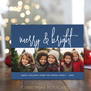 3 Photo Christmas Collage - Merry & Bright - Navy Holiday Postcard