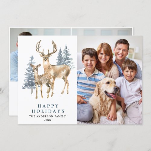 3 PHOTO Christmas Elegant Deer Pine Tree Holiday Card