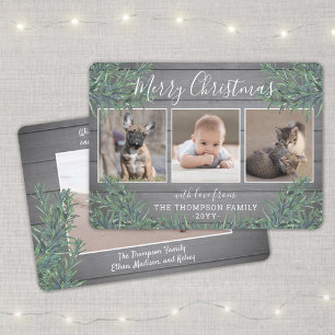 3 Photo Christmas Greenery & Rustic Gray Wood Holiday Card