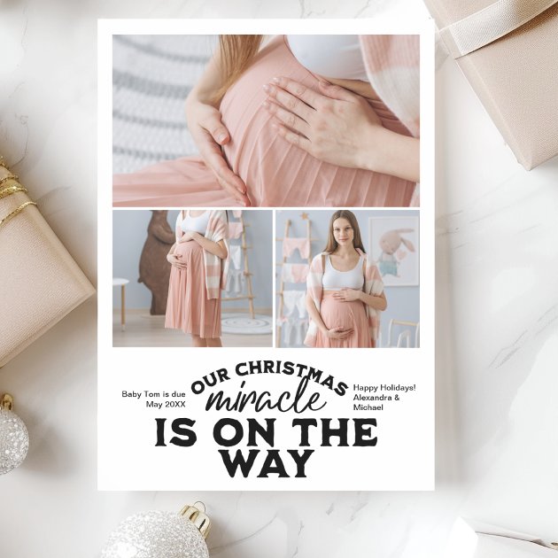 Pregnancy christmas card - Pink Dramatic personalized gifts for you 3 photo christmas pregnancy announcement