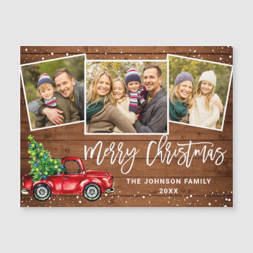 3 PHOTO Christmas Red Truck Greeting Magnetic Card