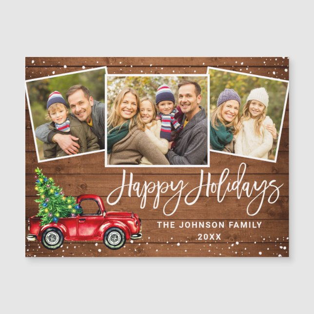 3 PHOTO Christmas Red Truck Greeting Magnetic Card (Front)