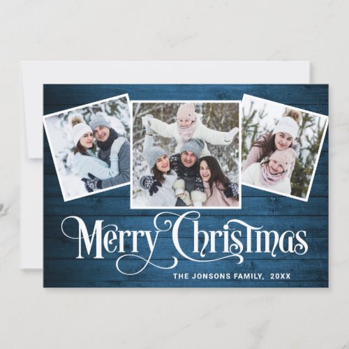 3 PHOTO Christmas Rustic Blue Wood Greeting Holiday Card