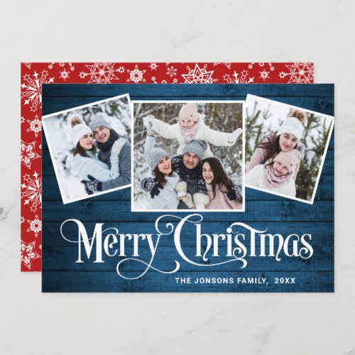 3 PHOTO Christmas Rustic Blue Wood Greeting Holiday Card