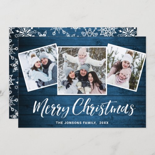 3 PHOTO Christmas Rustic Blue Wood Greeting Holiday Card