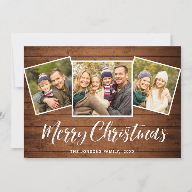 3 PHOTO Christmas Rustic Brown Boho Wood Greeting Holiday Card (Front)