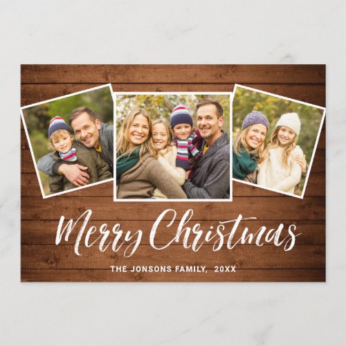 3 PHOTO Christmas Rustic Brown Boho Wood Greeting Holiday Card