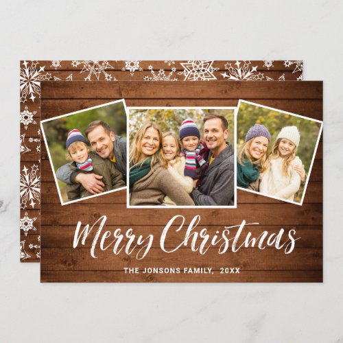 3 PHOTO Christmas Rustic Brown Boho Wood Greeting Holiday Card