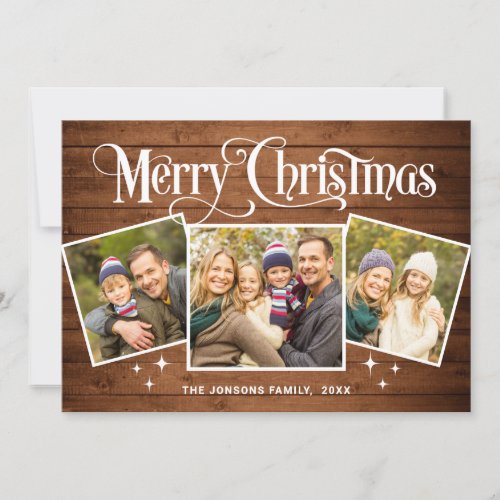 3 PHOTO Christmas Rustic Brown Wood Greeting Boho Holiday Card