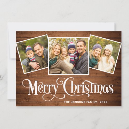 3 PHOTO Christmas Rustic Brown Wood Greeting Boho Holiday Card