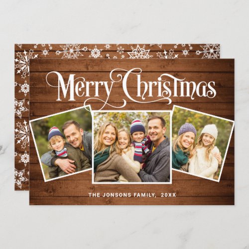 3 PHOTO Christmas Rustic Brown Wood Greeting Holiday Card