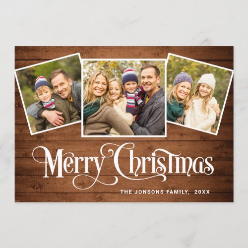 3 PHOTO Christmas Rustic Brown Wood Greeting Holiday Card