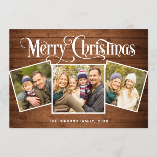 3 PHOTO Christmas Rustic Brown Wood Greeting Holiday Card