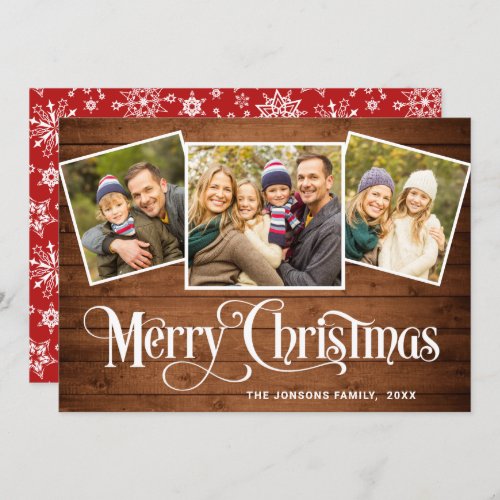 3 PHOTO Christmas Rustic Brown Wood Greeting Holiday Card