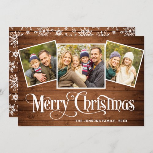 3 PHOTO Christmas Rustic Brown Wood Greeting Holiday Card