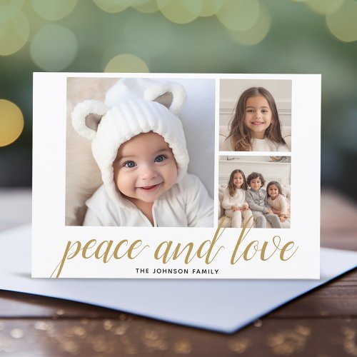 3 Photo Christmas Script Gold Damask Peace Love Holiday Card