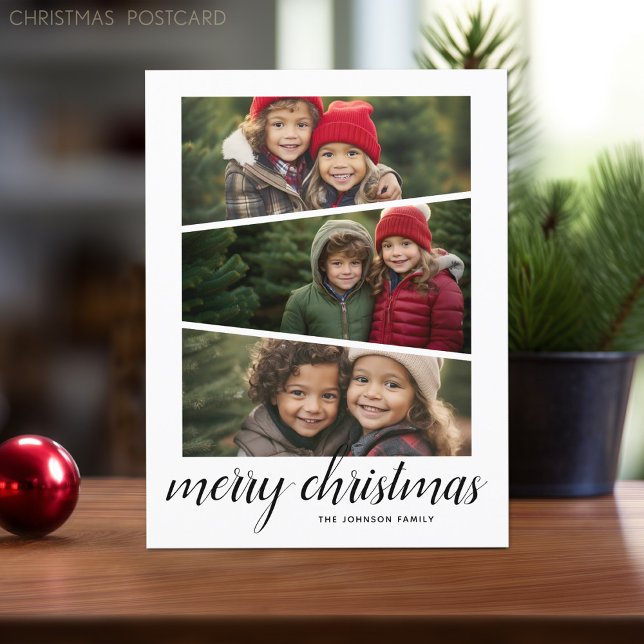 3 Photo Christmas Script - Horizontal Wedge Design Holiday Postcard (Holiday Photo Postcard)