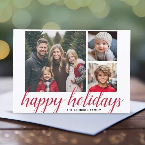 3 Photo Christmas Script Red Damask Happy Holiday Card