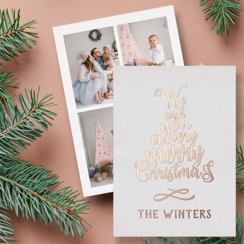 3 Photo Christmas Tree Lettering Rose Gold Foil Holiday Card