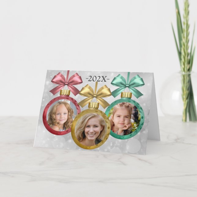 3 Photo Christmas Tree Ornaments Holiday Card (Front)