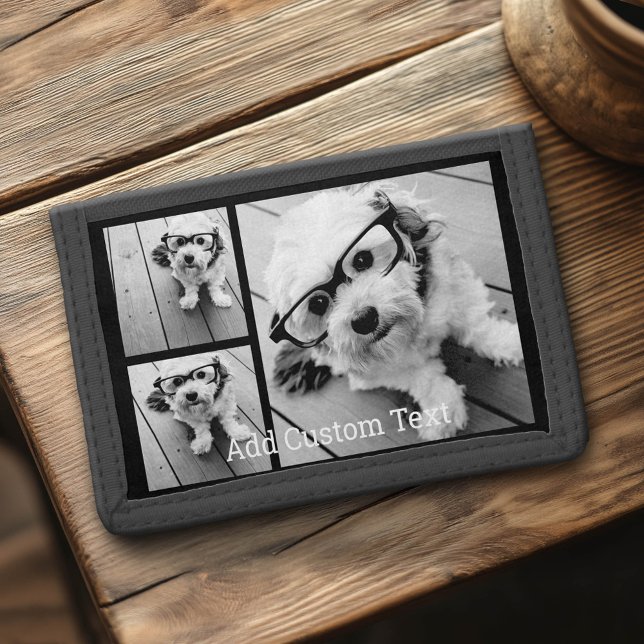 3 Photo Collage 2 Lines of Text -- CAN Edit Black Trifold Wallet (Custom Tri-Fold Wallet)