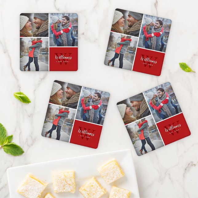3 Photo Collage and Custom Monogram Coaster Set (In Situ)