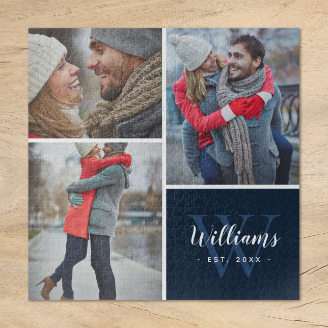 3 Photo Collage and Custom Monogram | Navy Jigsaw Puzzle (Creator Uploaded)