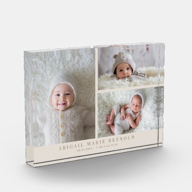 3 Photo Collage Beige New Baby Keepsake  Block (Left)