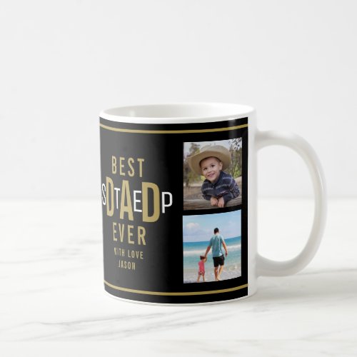 3 Photo Collage Best Step Dad Ever  Black And Gold Coffee Mug