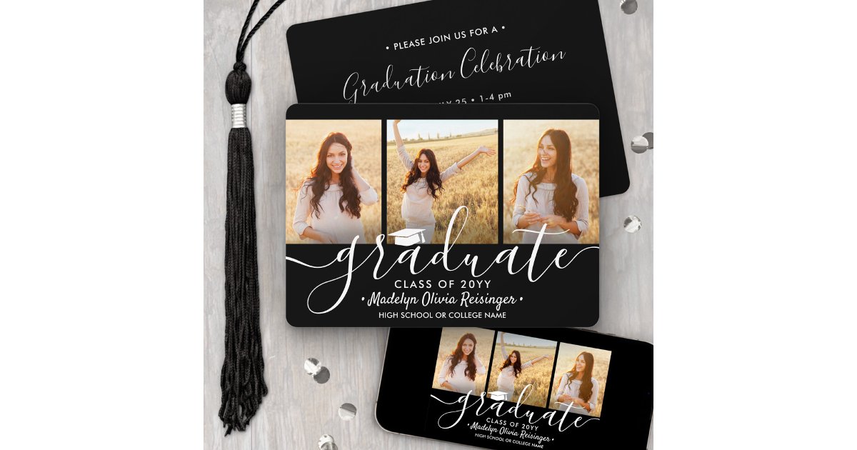 3 Photo Collage Black and White Graduation Party Invitation | Zazzle