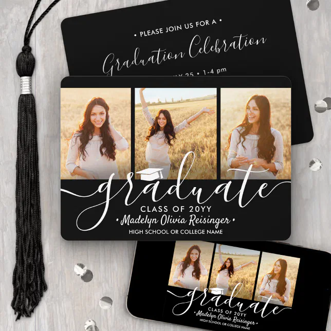 3 Photo Collage Black and White Graduation Party Invitation | Zazzle