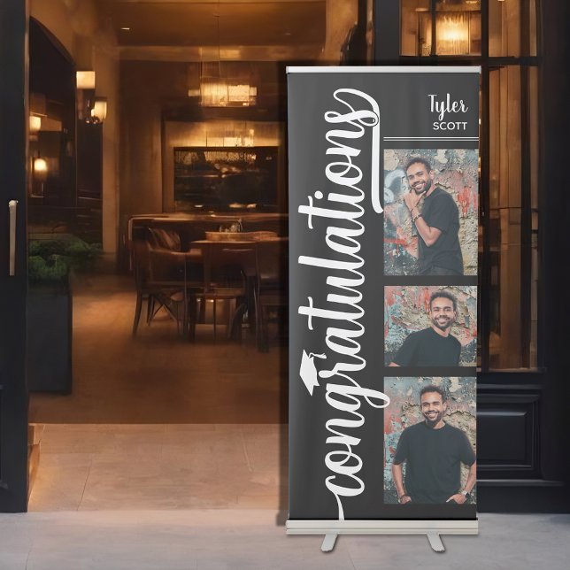 3 Photo Collage Black Graduation Retractable Banner (Modern 3 Photo Collage Black Graduation Retractable Banner (33" x 84"))