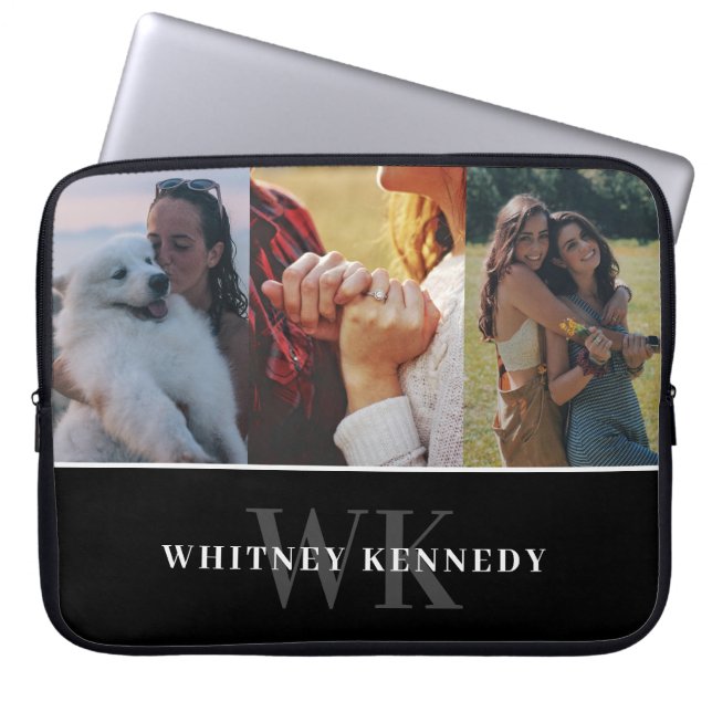 3 Photo Collage Black Minimalist Monogram Laptop Sleeve (Front)